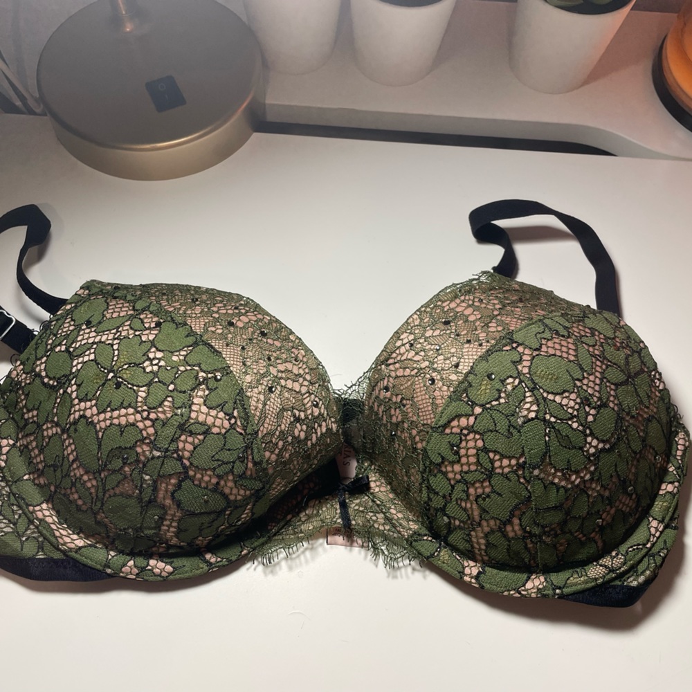 DREAM ANGELS PUSH UP JEWELLED AND LACE ARMY GREEN BRA
